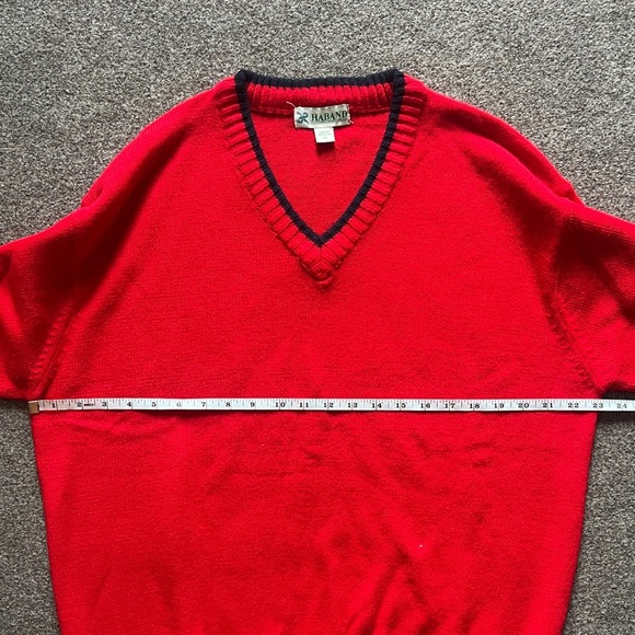 Vintage Haband Red V Neck Knit Long Sleeve Pullover Sweater Navy Trim Men’s XL - Picture 12 of 13